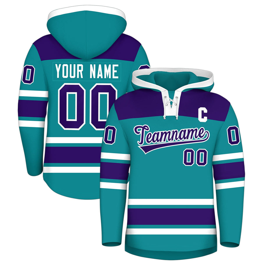 Custom Teal Purple Raglan Sleeves Lace-Up Neck Breathable Hockey Hoodie Jersey | BuyFootballJersey