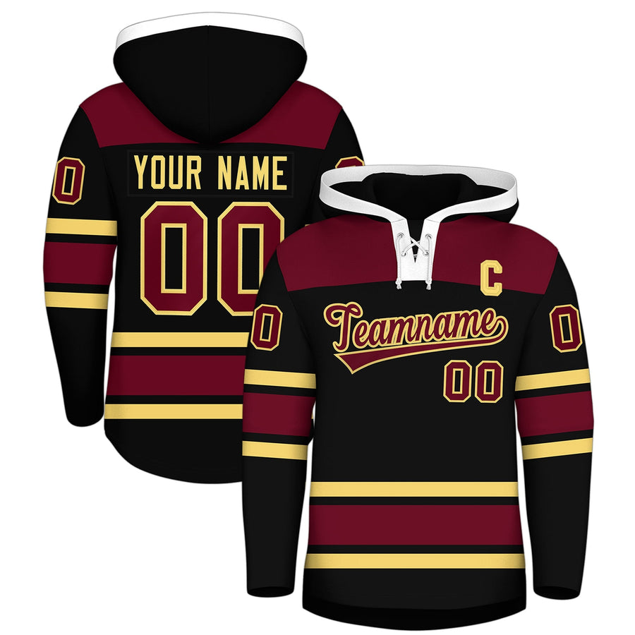 Custom Black Crimson Raglan Sleeves Lace-Up Neck Breathable Hockey Hoodie Jersey | BuyFootballJersey