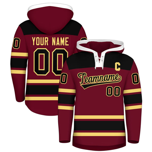 Custom Crimson Black Raglan Sleeves Lace-Up Neck Breathable Hockey Hoodie Jersey | BuyFootballJersey