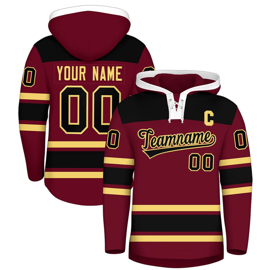 Custom Crimson Black Raglan Sleeves Lace-Up Neck Breathable Hockey Hoodie Jersey | BuyFootballJersey