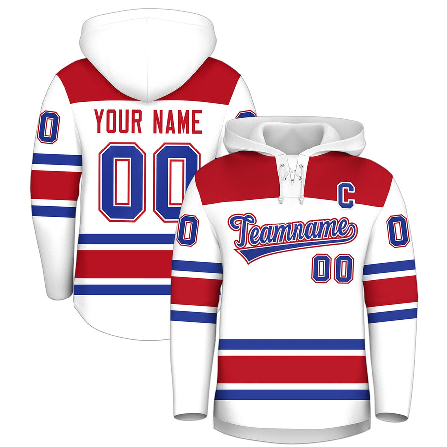 Custom White Red Raglan Sleeves Lace-Up Neck Breathable Hockey Hoodie Jersey | BuyFootballJersey