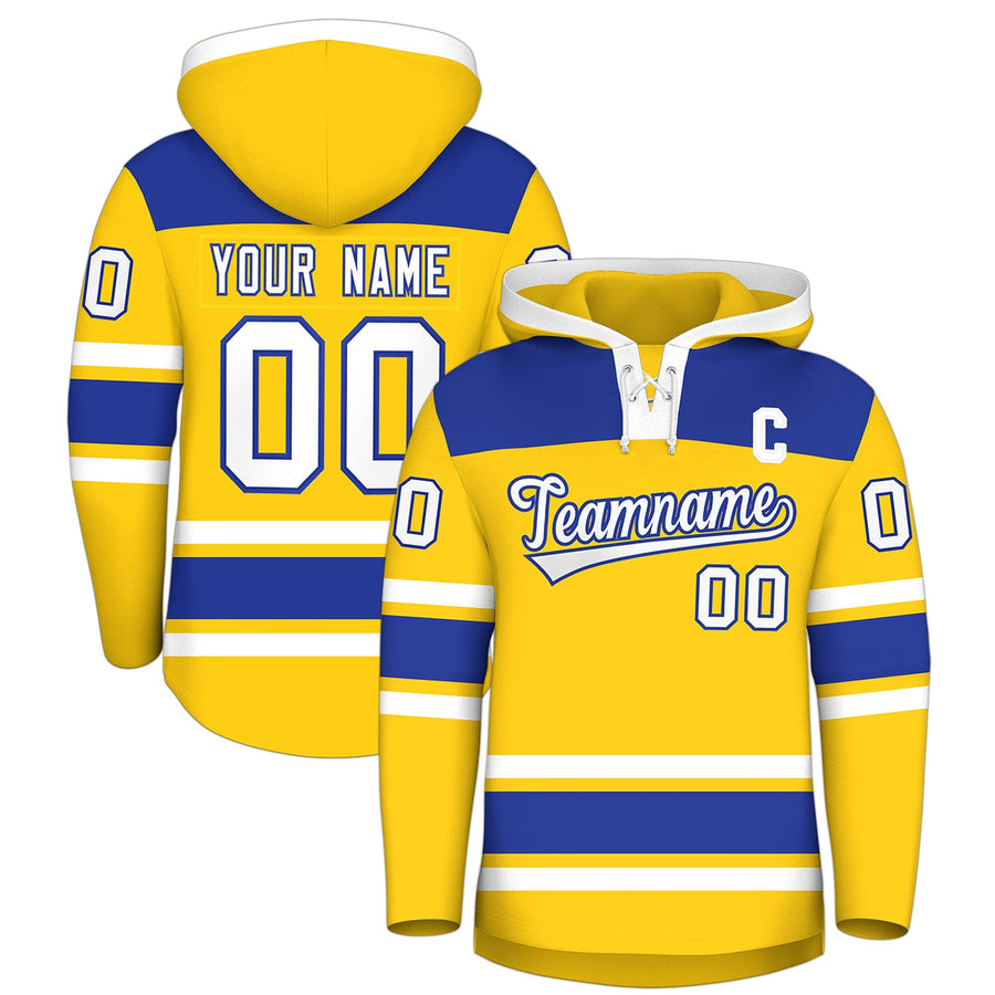 Custom Gold Royal Blue Raglan Sleeves Lace-Up Neck Breathable Hockey Hoodie Jersey | BuyFootballJersey