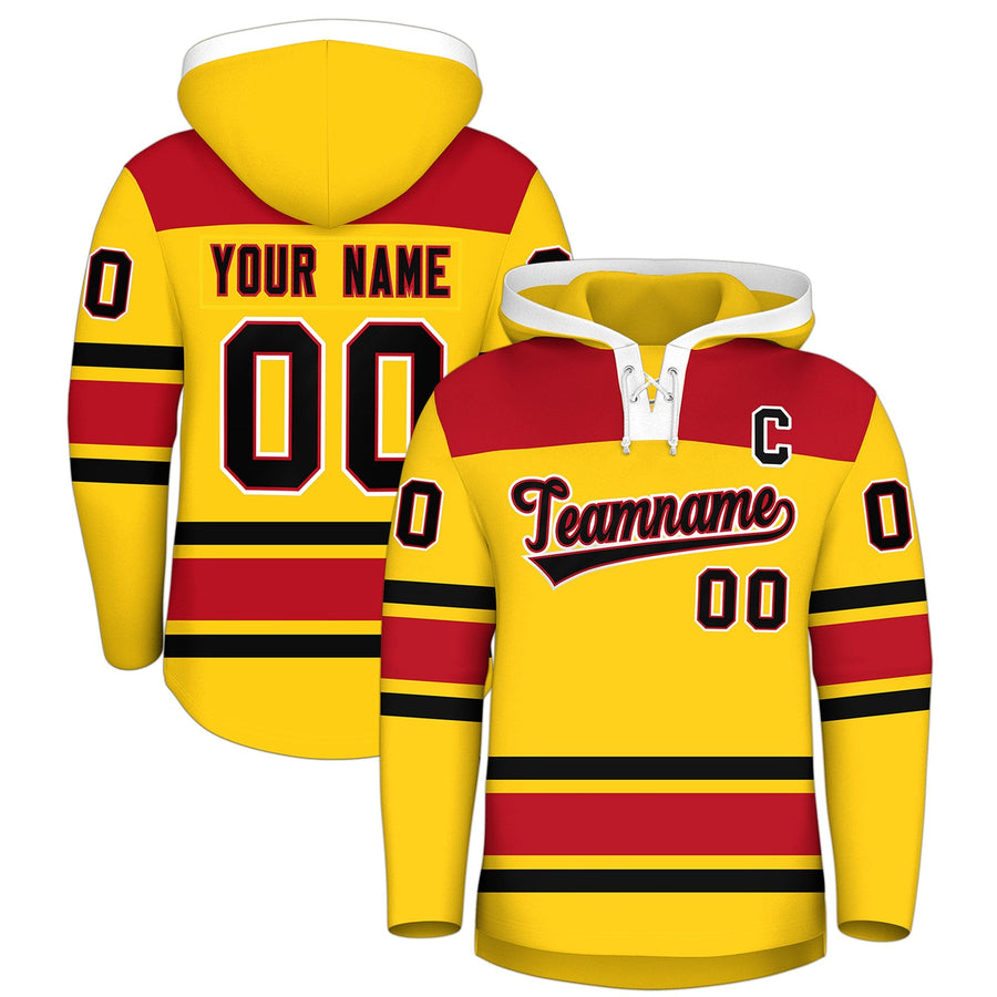 Custom Gold Red Raglan Sleeves Lace-Up Neck Breathable Hockey Hoodie Jersey | BuyFootballJersey