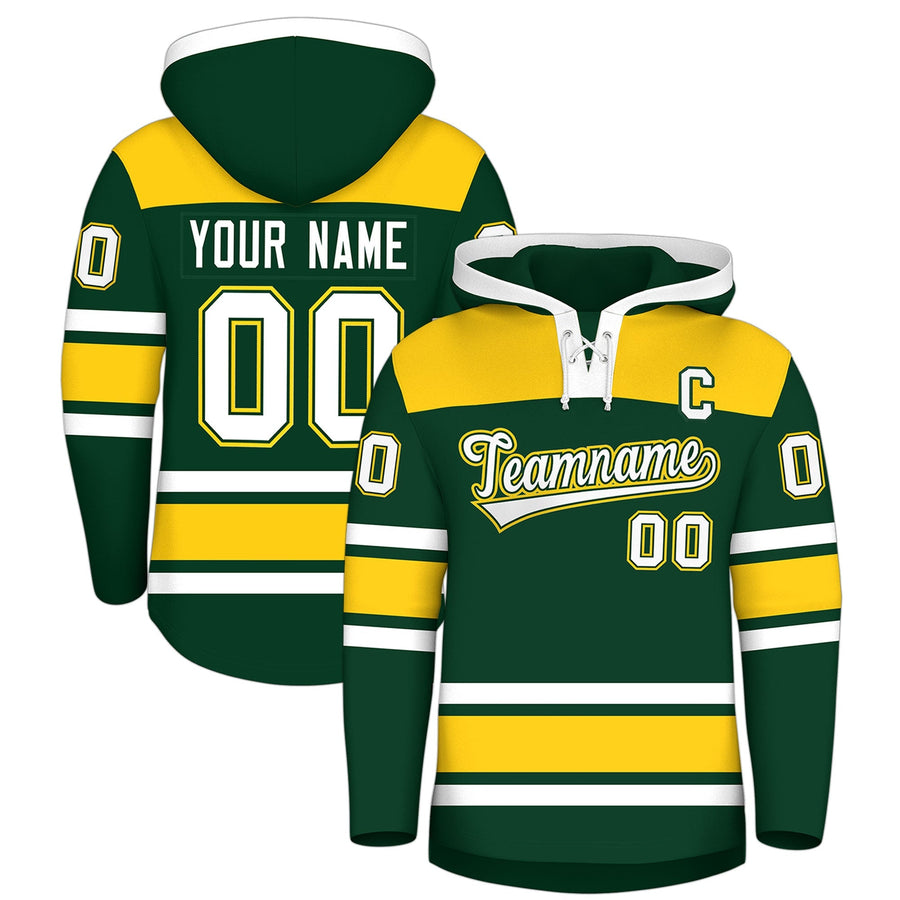 Custom Green Gold Raglan Sleeves Lace-Up Neck Breathable Hockey Hoodie Jersey | BuyFootballJersey