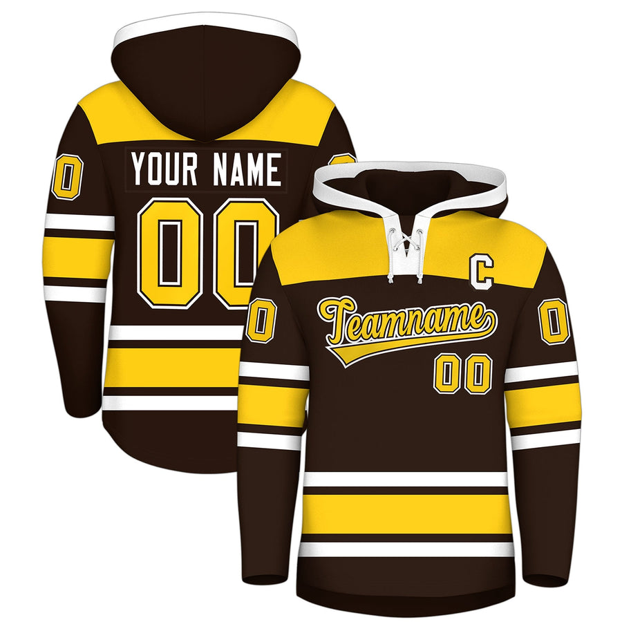 Custom Brown Gold Raglan Sleeves Lace-Up Neck Breathable Hockey Hoodie Jersey | BuyFootballJersey
