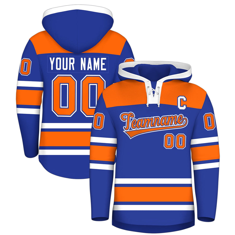 Custom Royal Blue Orange Raglan Sleeves Lace-Up Neck Breathable Hockey Hoodie Jersey | BuyFootballJersey