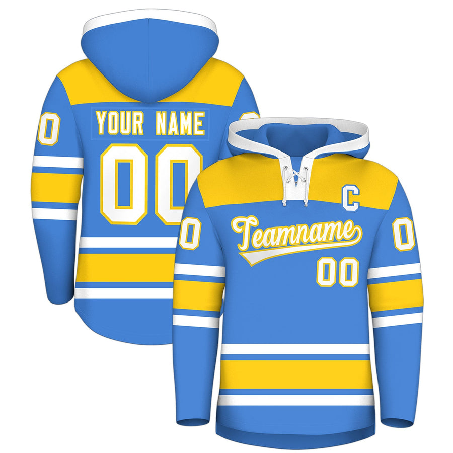 Custom Powder Blue Gold Raglan Sleeves Lace-Up Neck Breathable Hockey Hoodie Jersey | BuyFootballJersey