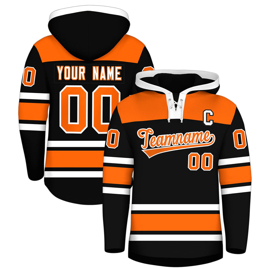 Custom Black Orange Raglan Sleeves Lace-Up Neck Breathable Hockey Hoodie Jersey | BuyFootballJersey
