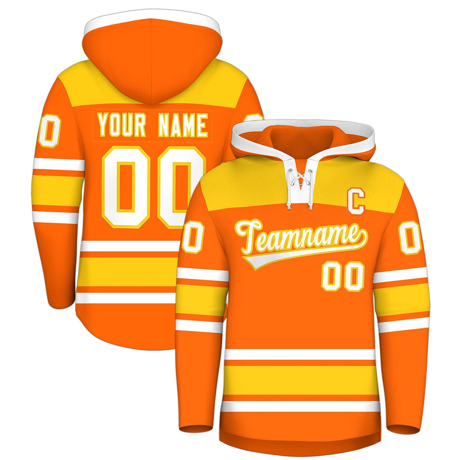 Custom Orange Gold Raglan Sleeves Lace-Up Neck Breathable Hockey Hoodie Jersey | BuyFootballJersey