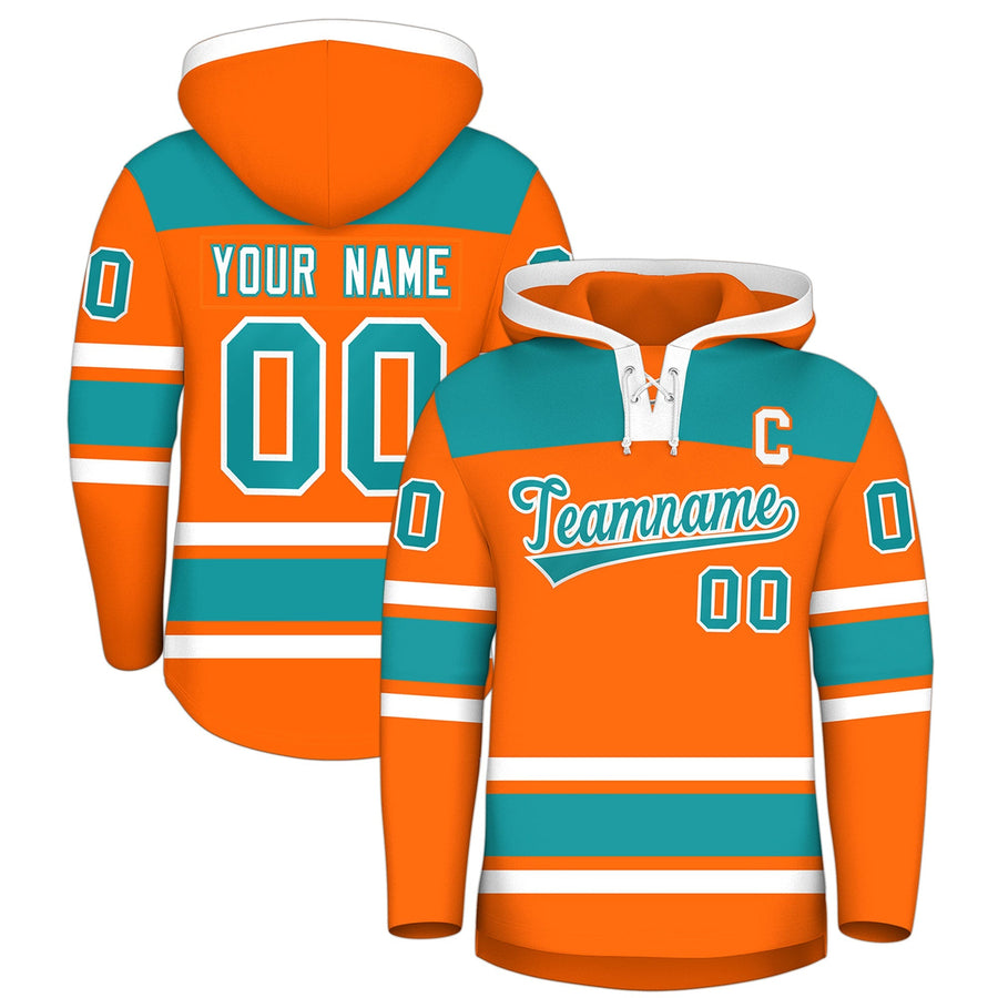 Custom Orange Aqua Raglan Sleeves Lace-Up Neck Breathable Hockey Hoodie Jersey | BuyFootballJersey