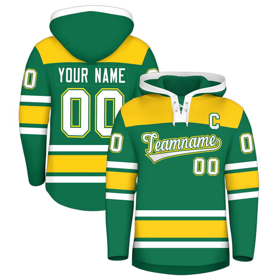 Custom Kelly Green Gold Raglan Sleeves Lace-Up Neck Breathable Hockey Hoodie Jersey | BuyFootballJersey