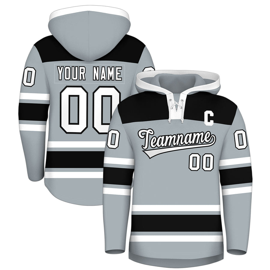 Custom Silver Black Raglan Sleeves Lace-Up Neck Breathable Hockey Hoodie Jersey | BuyFootballJersey