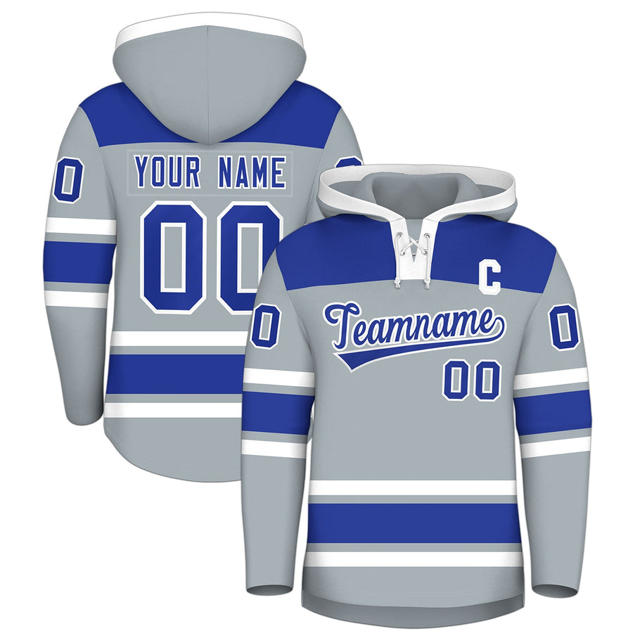 Custom Silver Royal Blue Raglan Sleeves Lace-Up Neck Breathable Hockey Hoodie Jersey | BuyFootballJersey
