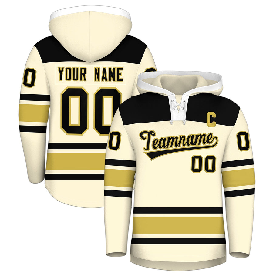 Custom Cream Old Gold Raglan Sleeves Lace-Up Neck Breathable Hockey Hoodie Jersey | BuyFootballJersey