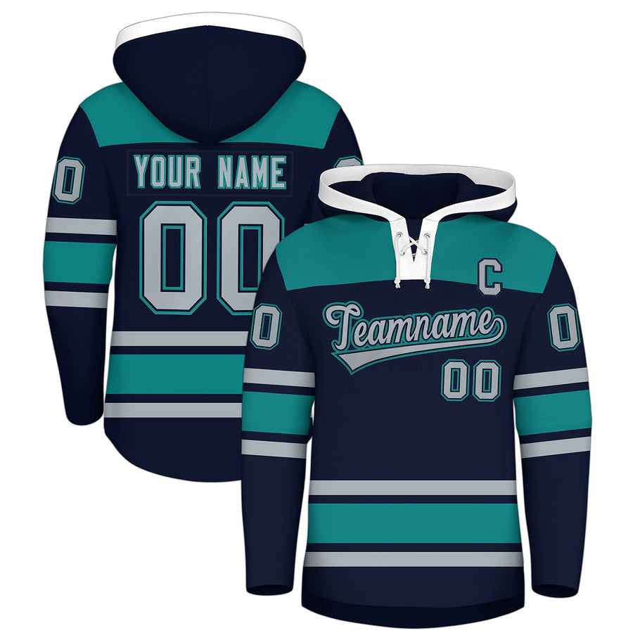 Custom Navy Teal Raglan Sleeves Lace-Up Neck Breathable Hockey Hoodie Jersey | BuyFootballJersey