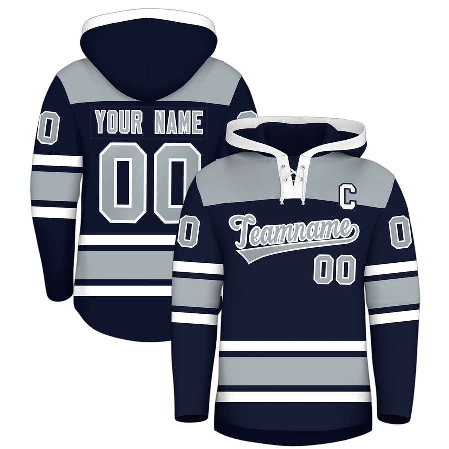 Custom Navy Silver Raglan Sleeves Lace-Up Neck Breathable Hockey Hoodie Jersey | BuyFootballJersey