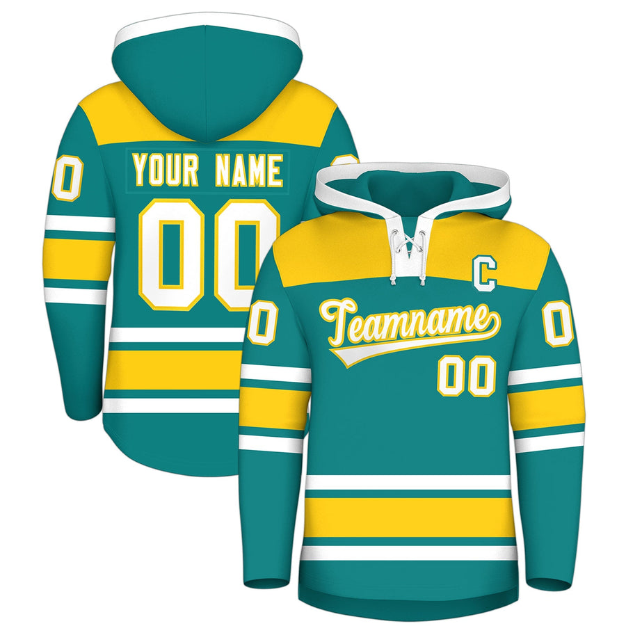 Custom Teal Gold Raglan Sleeves Lace-Up Neck Breathable Hockey Hoodie Jersey | BuyFootballJersey