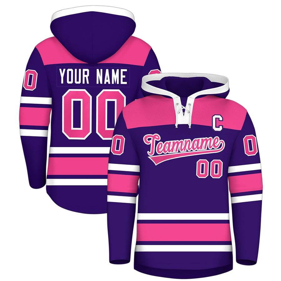 Custom Purple Pink Raglan Sleeves Lace-Up Neck Breathable Hockey Hoodie Jersey | BuyFootballJersey