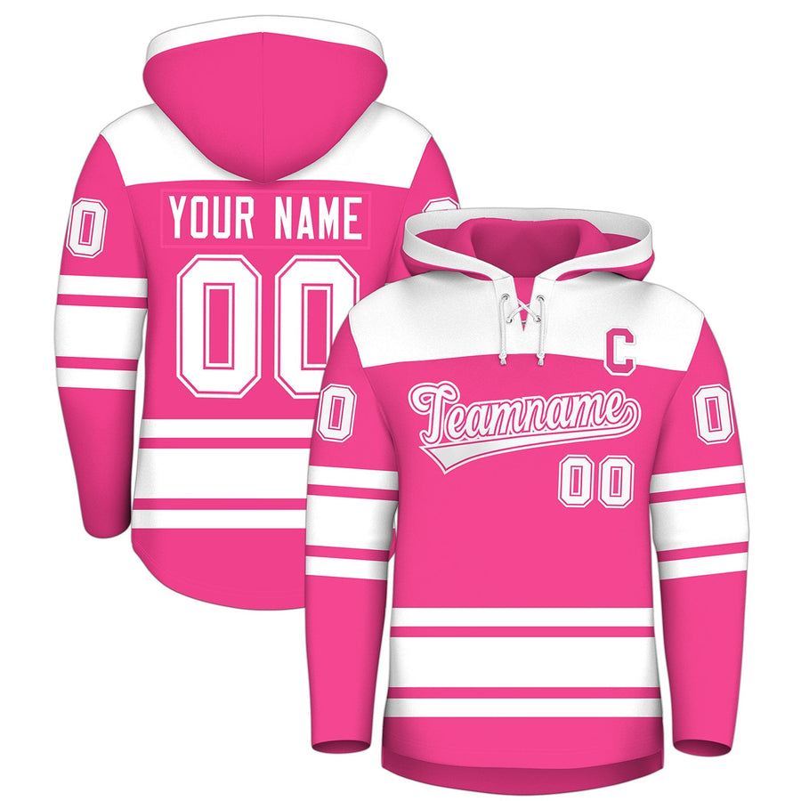 Custom Pink White Raglan Sleeves Lace-Up Neck Breathable Hockey Hoodie Jersey | BuyFootballJersey