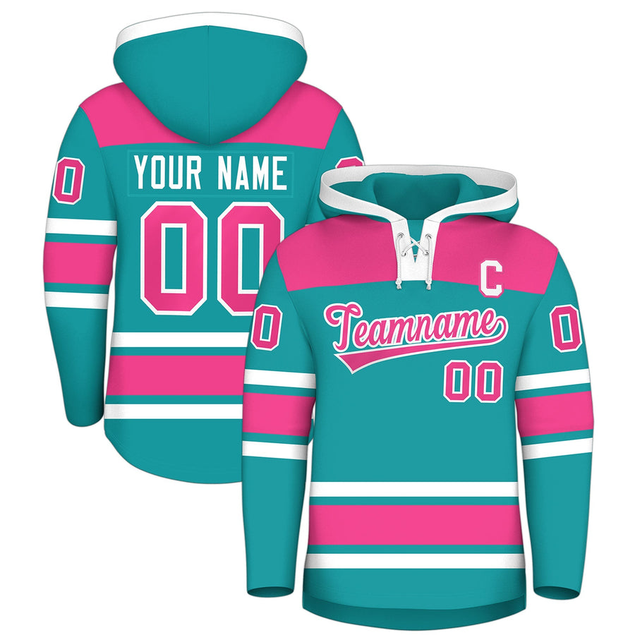 Custom Aqua Pink Raglan Sleeves Lace-Up Neck Breathable Hockey Hoodie Jersey | BuyFootballJersey