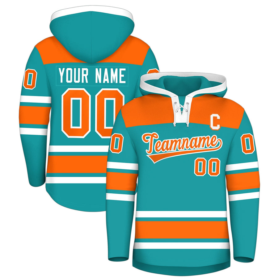 Custom Aqua Orange Raglan Sleeves Lace-Up Neck Breathable Hockey Hoodie Jersey | BuyFootballJersey