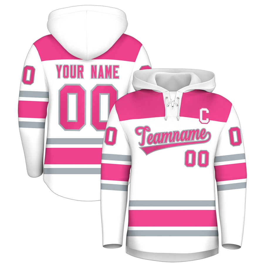 Custom White Pink Raglan Sleeves Lace-Up Neck Breathable Hockey Hoodie Jersey | BuyFootballJersey
