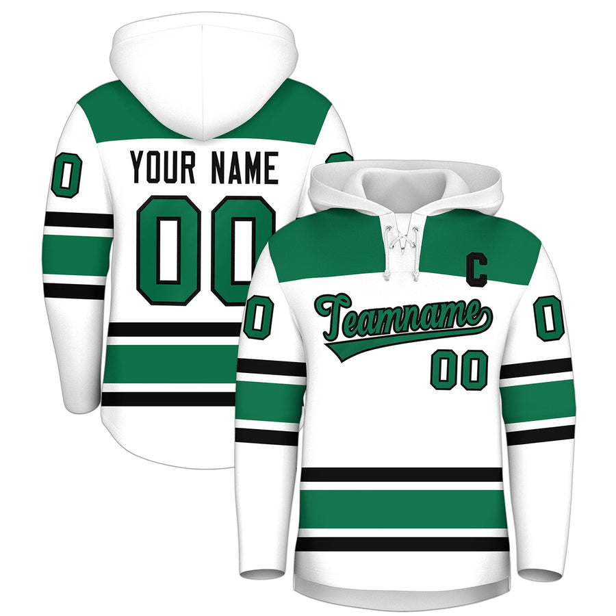 Custom White Kelly Green Raglan Sleeves Lace-Up Neck Breathable Hockey Hoodie Jersey | BuyFootballJersey