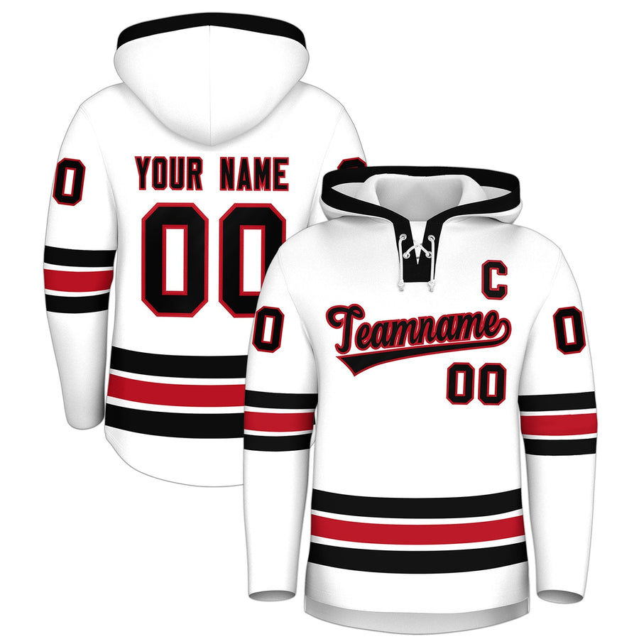 Custom White Black Classic Style Wrinkle-Resistant Lace-Up Neck Hockey Hoodie | BuyFootballJersey