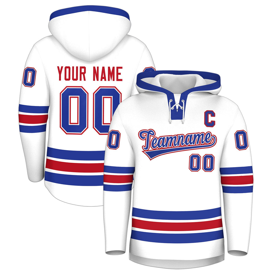 Custom White Royal Blue Classic Style Lace-Up Neck Hockey Hoodie | BuyFootballJersey