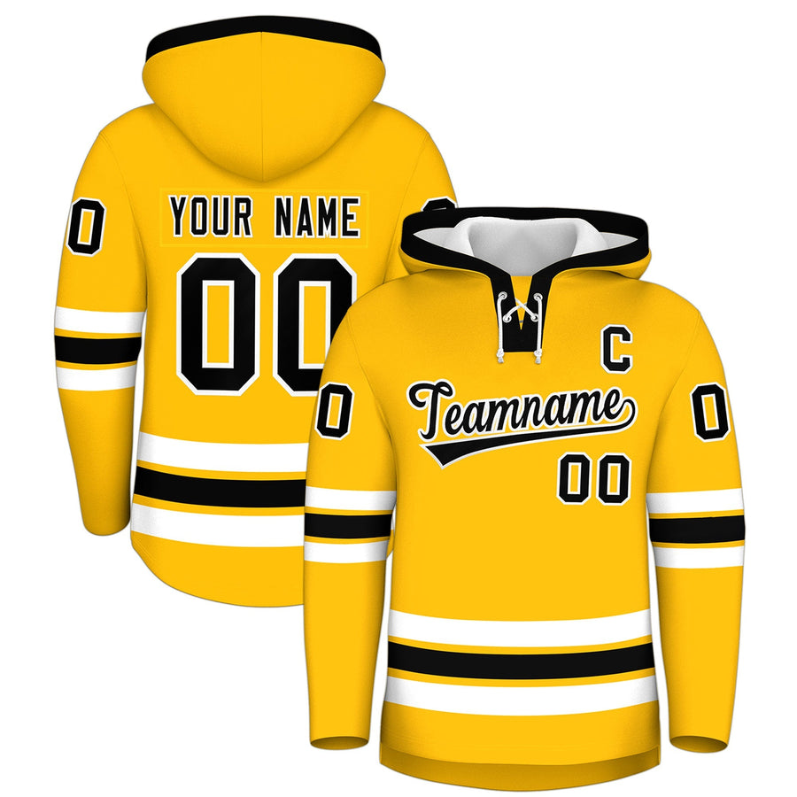 Custom Gold Black Classic Style Wrinkle-Resistant Lace-Up Neck Hockey Hoodie | BuyFootballJersey