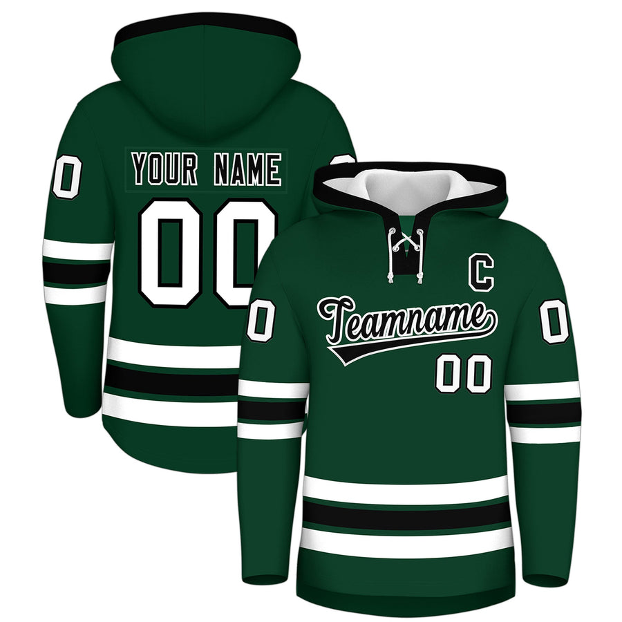 Custom Dark Green Black Classic Style Lace-Up Neck Hockey Hoodie | BuyFootballJersey