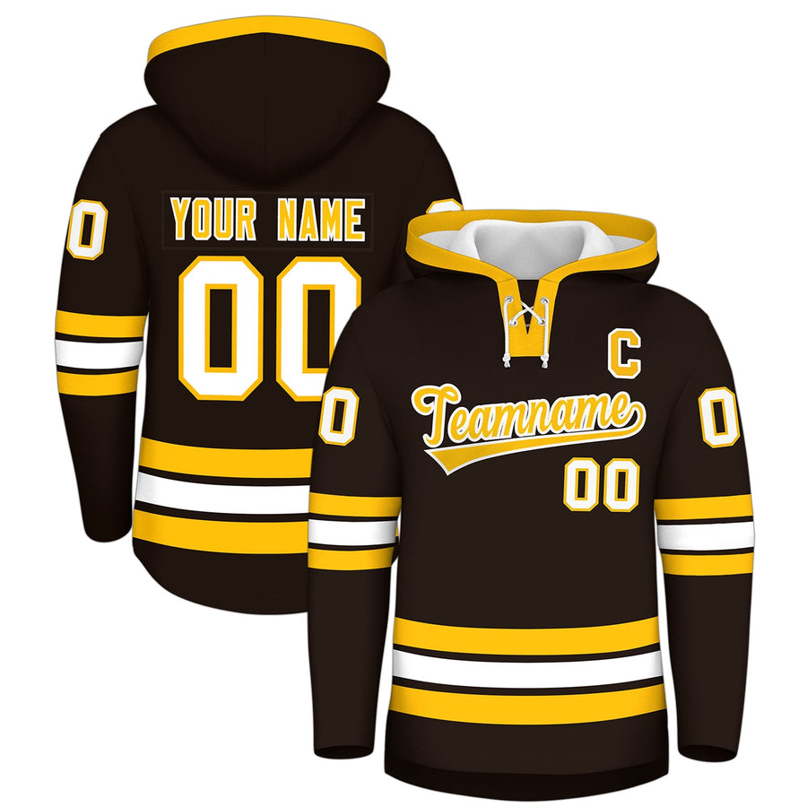 Custom Brown Gold Classic Style Wrinkle-Resistant Lace-Up Neck Hockey Hoodie | BuyFootballJersey