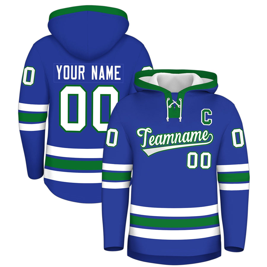 Custom Royal Blue Kelly Green Classic Style Lace-Up Neck Hockey Hoodie | BuyFootballJersey