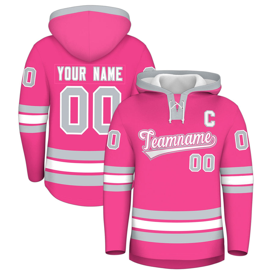 Custom Pink Silver Classic Style Wrinkle-Resistant Lace-Up Neck Hockey Hoodie | BuyFootballJersey