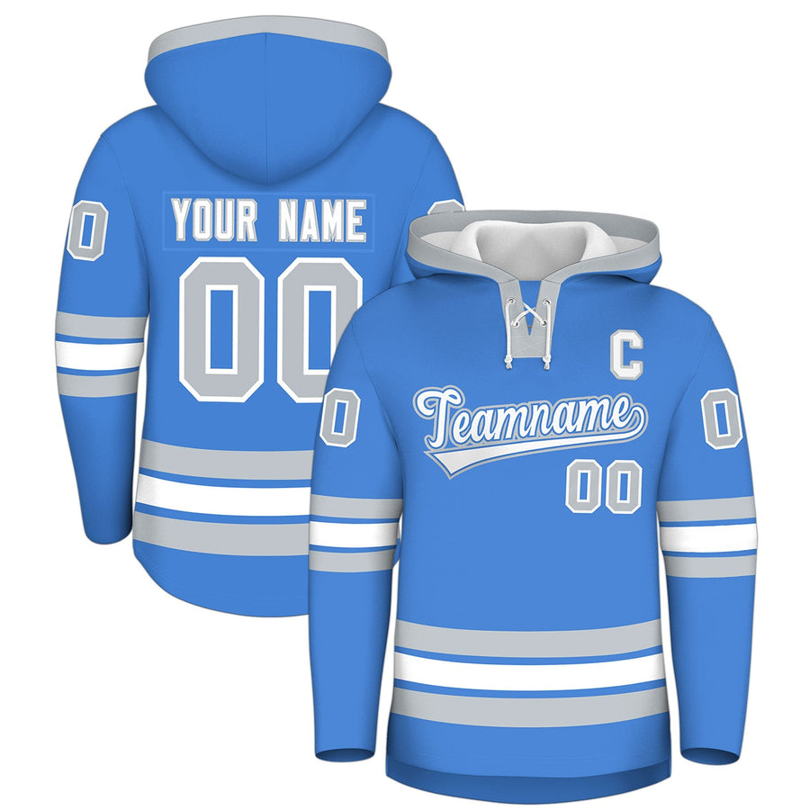 Custom Powder Blue Silver Classic Style Lace-Up Neck Hockey Hoodie | BuyFootballJersey