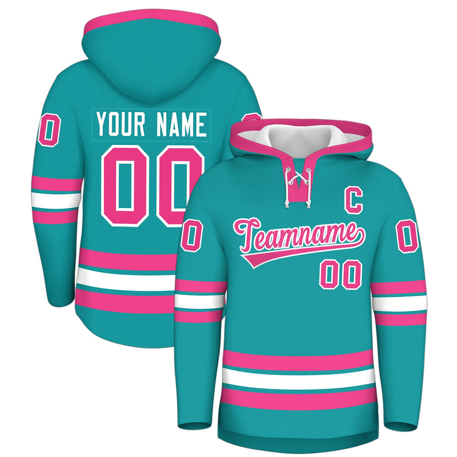 Custom Aqua Pink Classic Style Wrinkle-Resistant Lace-Up Neck Hockey Hoodie | BuyFootballJersey