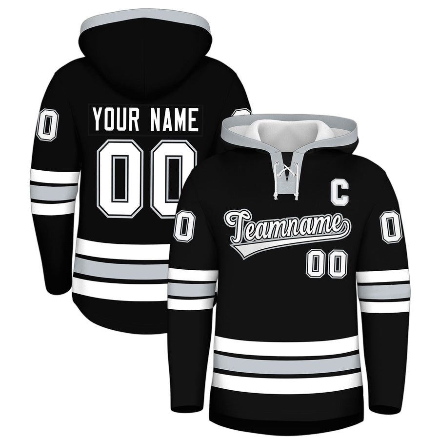 Custom Black Silver Classic Style Lace-Up Neck Hockey Hoodie | BuyFootballJersey