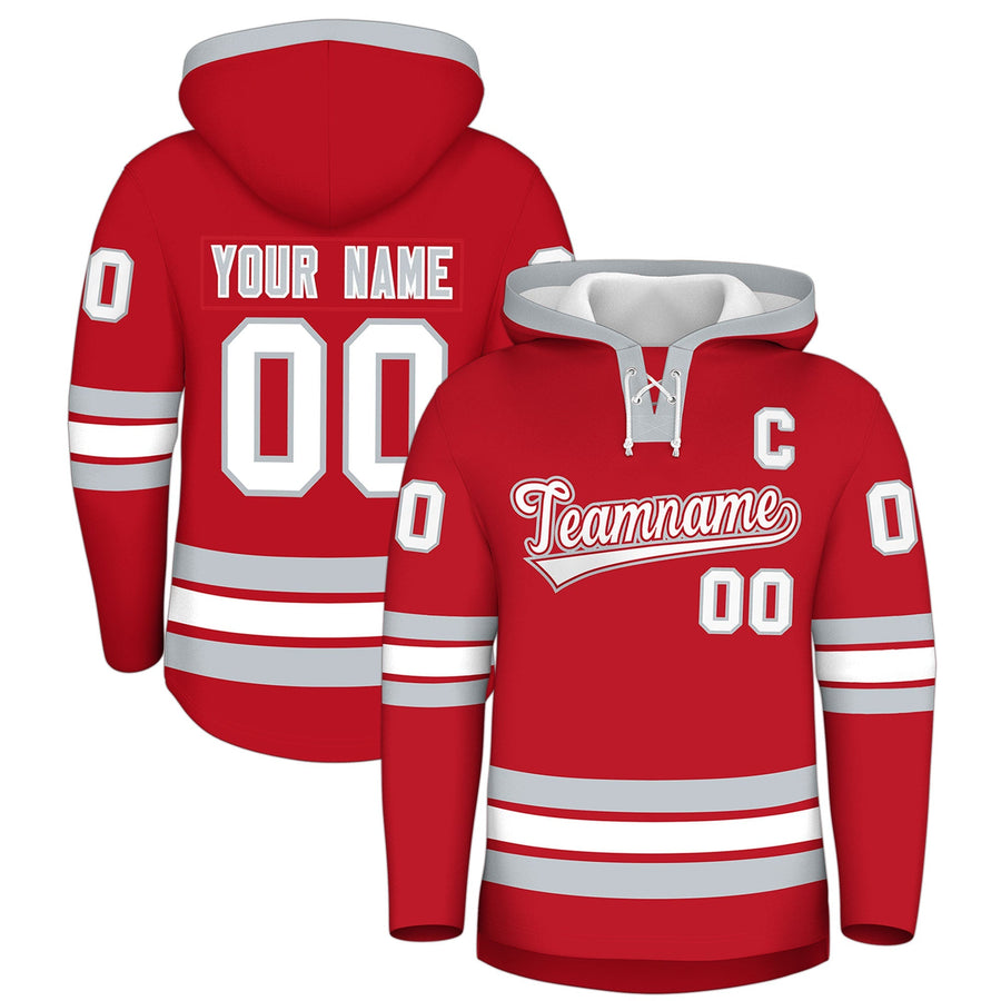 Custom Red Silver Classic Style Wrinkle-Resistant Lace-Up Neck Hockey Hoodie | BuyFootballJersey