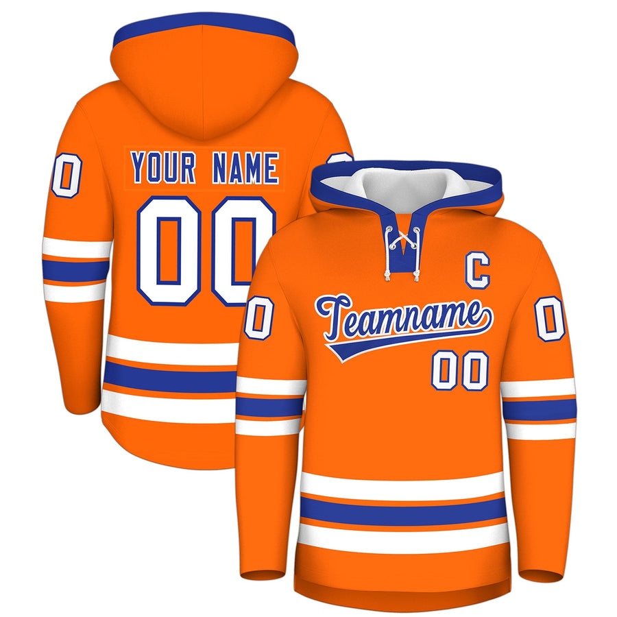 Custom Orange Royal Blue Classic Style Lace-Up Neck Hockey Hoodie | BuyFootballJersey