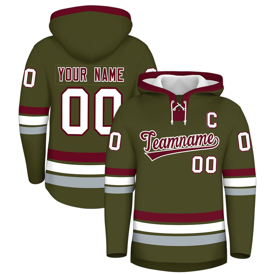 Custom Olive Crimson Classic Style Wrinkle-Resistant Lace-Up Neck Hockey Hoodie | BuyFootballJersey