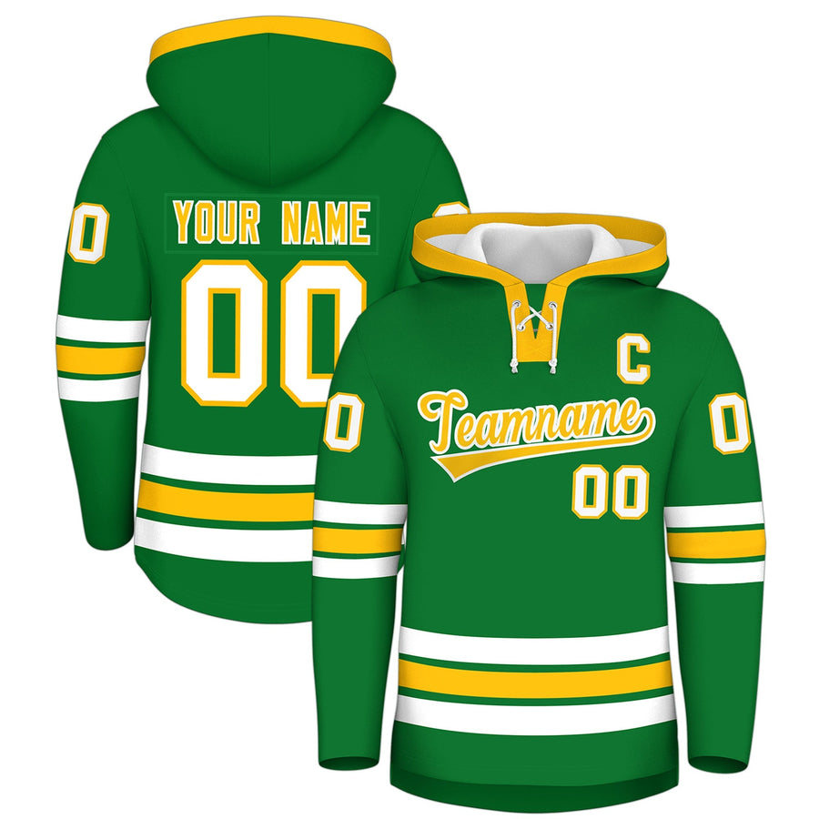 Custom Kelly Green Gold Classic Style Lace-Up Neck Hockey Hoodie | BuyFootballJersey