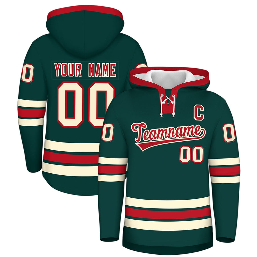 Custom Midnight Green Red Classic Style Wrinkle-Resistant Lace-Up Neck Hockey Hoodie | BuyFootballJersey