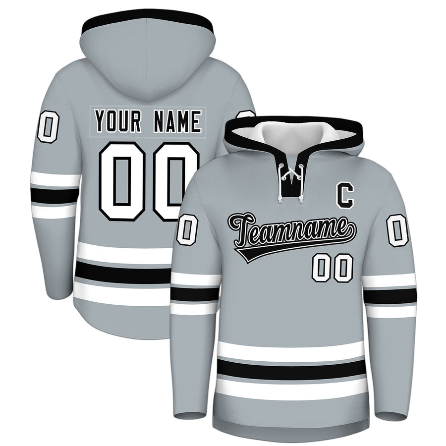 Custom Silver Black Classic Style Lace-Up Neck Hockey Hoodie | BuyFootballJersey