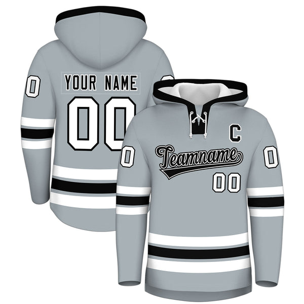 Custom Silver Black Classic Style Lace-Up Neck Hockey Hoodie | BuyFootballJersey