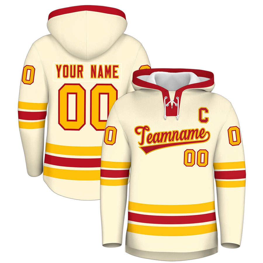 Custom Cream Red Classic Style Wrinkle-Resistant Lace-Up Neck Hockey Hoodie | BuyFootballJersey