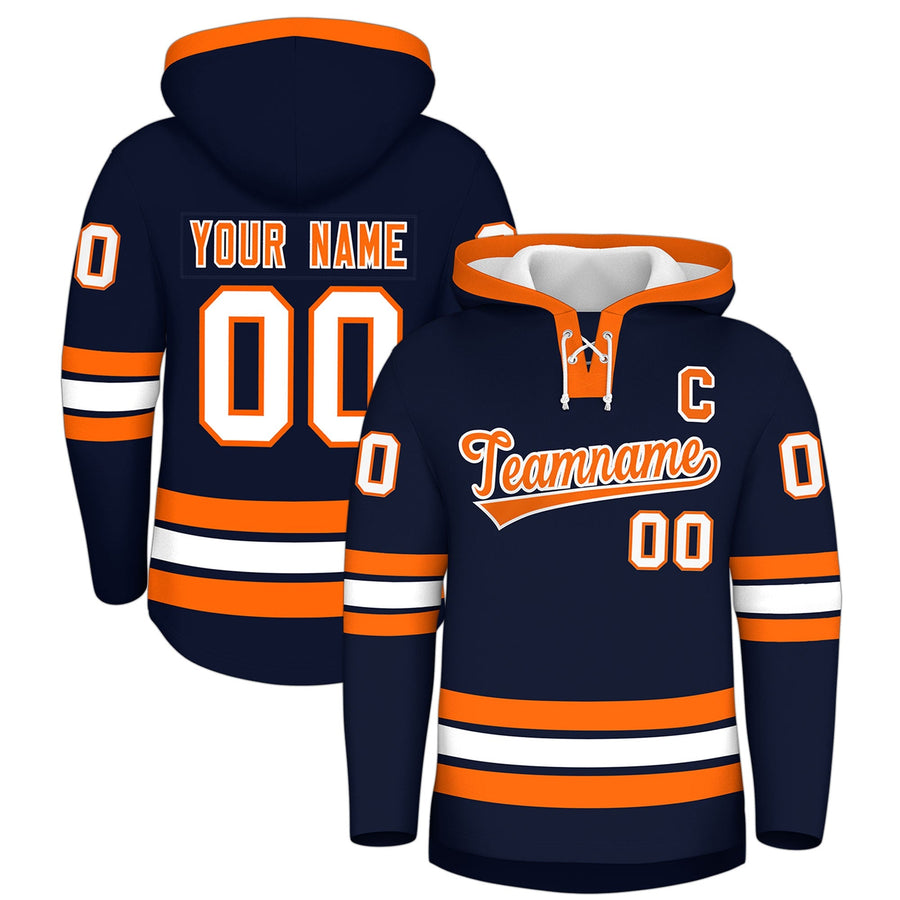 Custom Navy Orange Classic Style Lace-Up Neck Hockey Hoodie | BuyFootballJersey