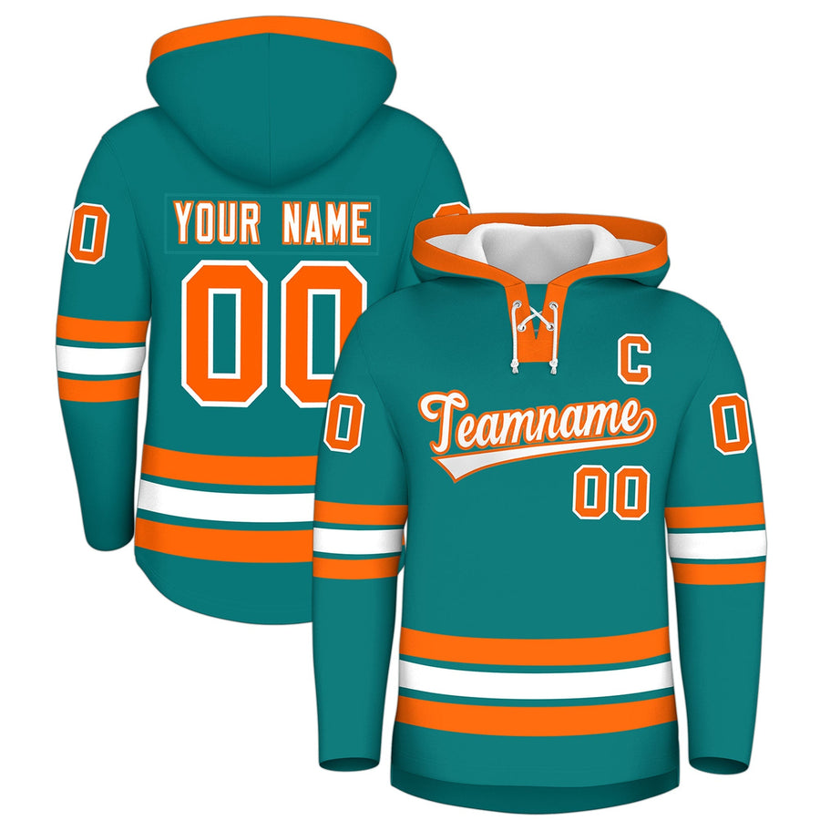 Custom Teal Orange Classic Style Wrinkle-Resistant Lace-Up Neck Hockey Hoodie | BuyFootballJersey