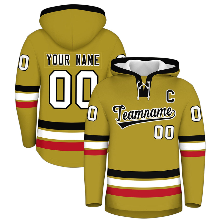 Custom Old Gold Black Classic Style Lace-Up Neck Hockey Hoodie | BuyFootballJersey