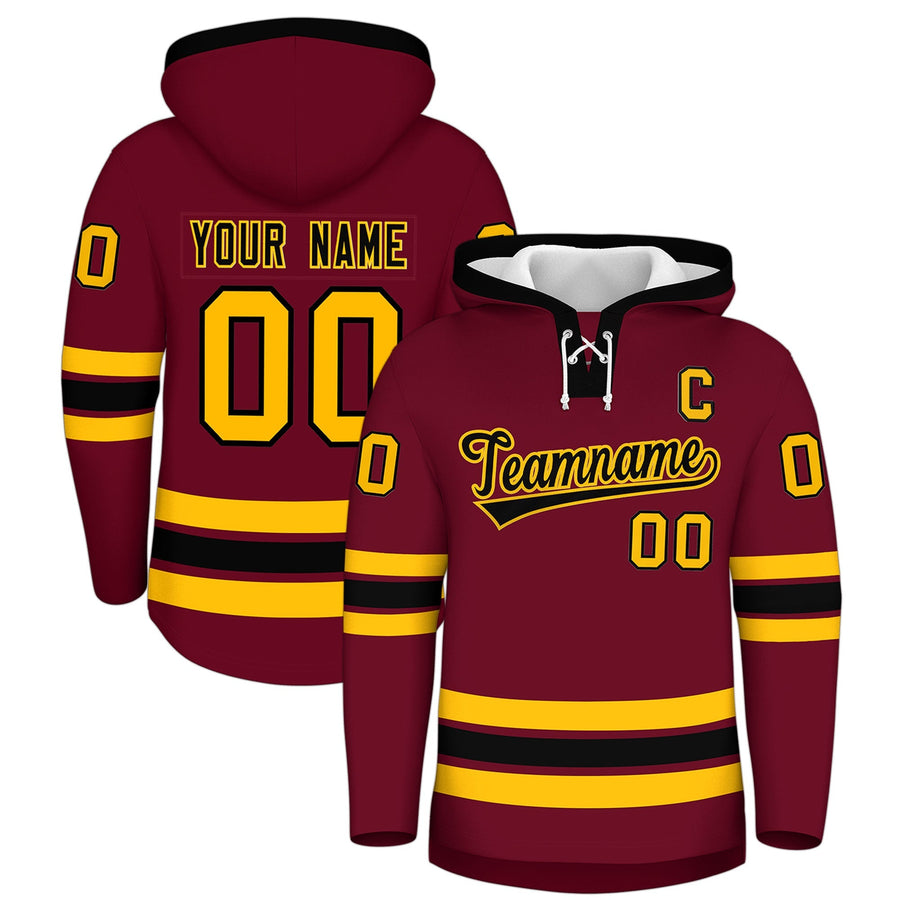 Custom Crimson Black Classic Style Wrinkle-Resistant Lace-Up Neck Hockey Hoodie | BuyFootballJersey