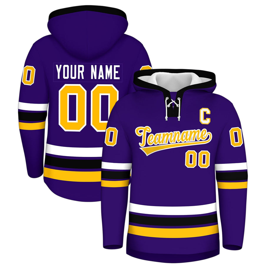 Custom Purple Black Classic Style Lace-Up Neck Hockey Hoodie | BuyFootballJersey